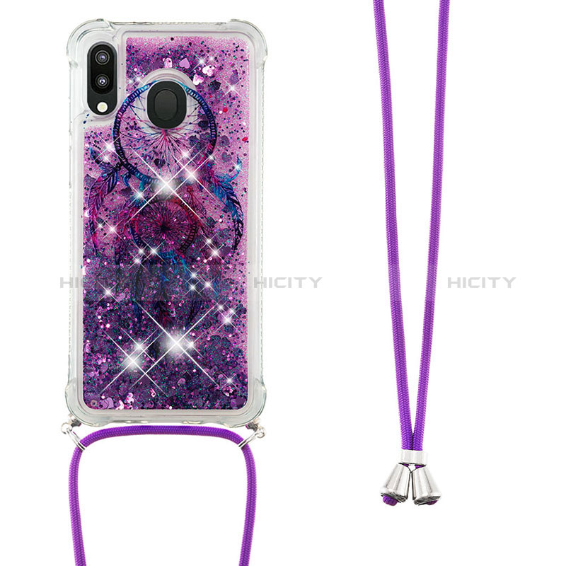 Funda Silicona Carcasa Goma Bling-Bling con Acollador Cordon Lanyard S02 para Samsung Galaxy M20 Morado