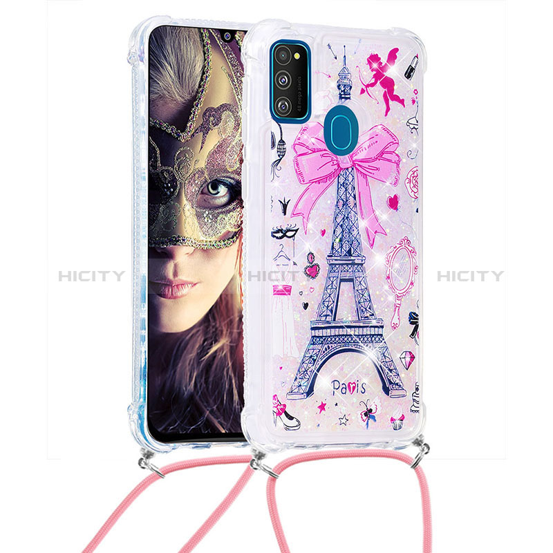 Funda Silicona Carcasa Goma Bling-Bling con Acollador Cordon Lanyard S02 para Samsung Galaxy M21