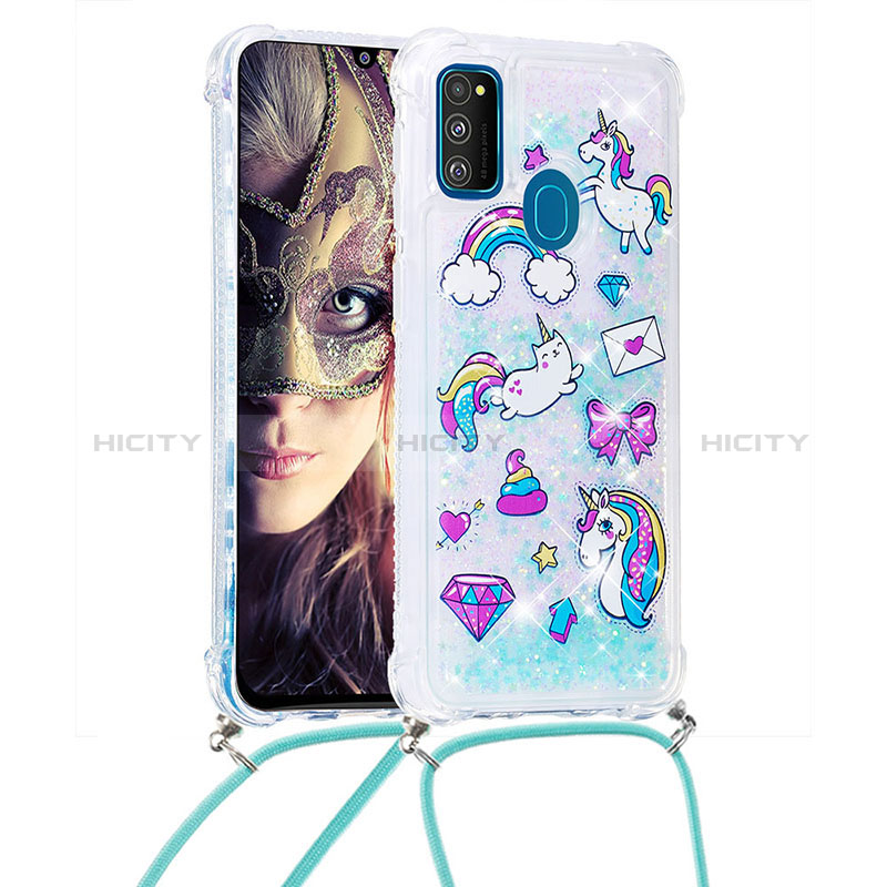 Funda Silicona Carcasa Goma Bling-Bling con Acollador Cordon Lanyard S02 para Samsung Galaxy M21 Azul Cielo