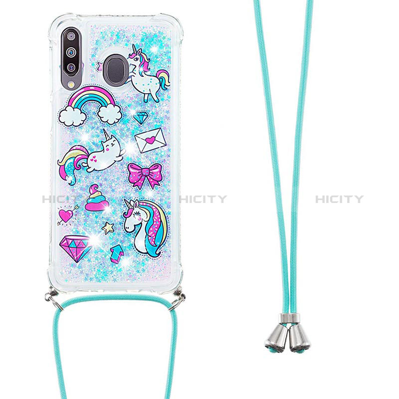 Funda Silicona Carcasa Goma Bling-Bling con Acollador Cordon Lanyard S02 para Samsung Galaxy M30 Azul Cielo