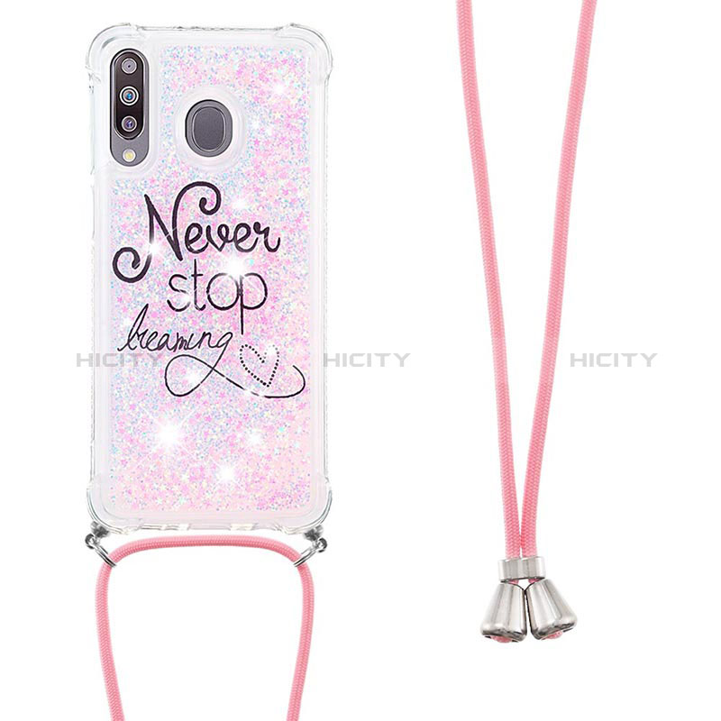 Funda Silicona Carcasa Goma Bling-Bling con Acollador Cordon Lanyard S02 para Samsung Galaxy M30 Rosa