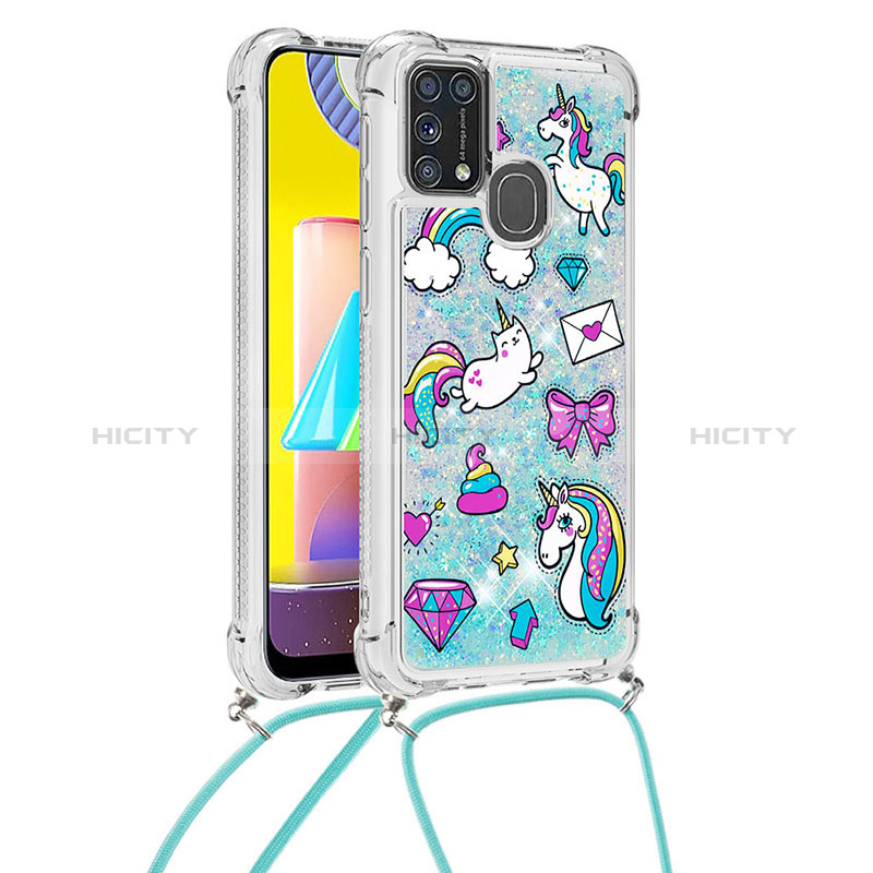 Funda Silicona Carcasa Goma Bling-Bling con Acollador Cordon Lanyard S02 para Samsung Galaxy M31 Azul Cielo