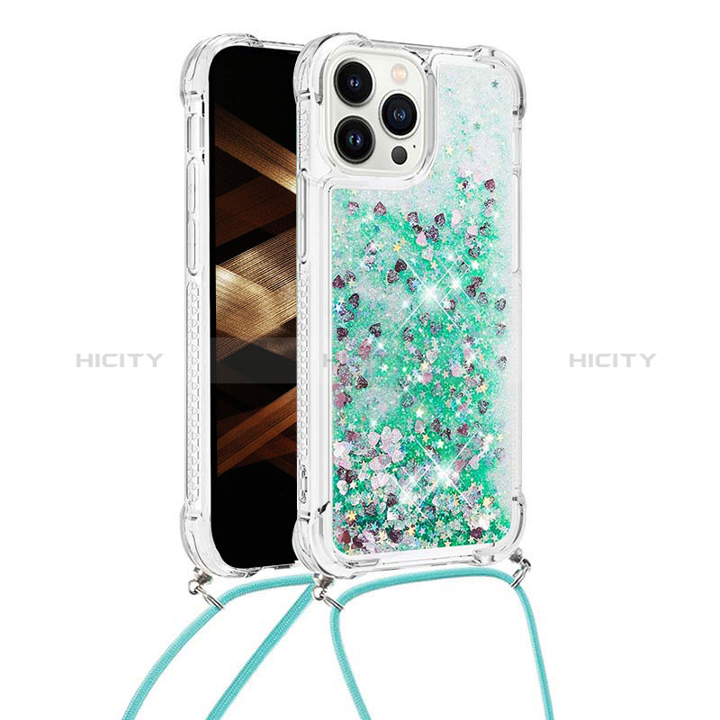 Funda Silicona Carcasa Goma Bling-Bling con Acollador Cordon Lanyard S03 para Apple iPhone 13 Pro Verde