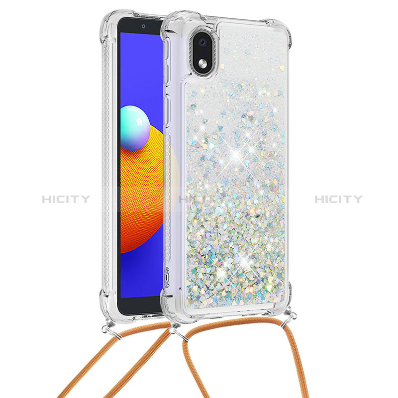 Funda Silicona Carcasa Goma Bling-Bling con Acollador Cordon Lanyard S03 para Samsung Galaxy A01 Core Plata