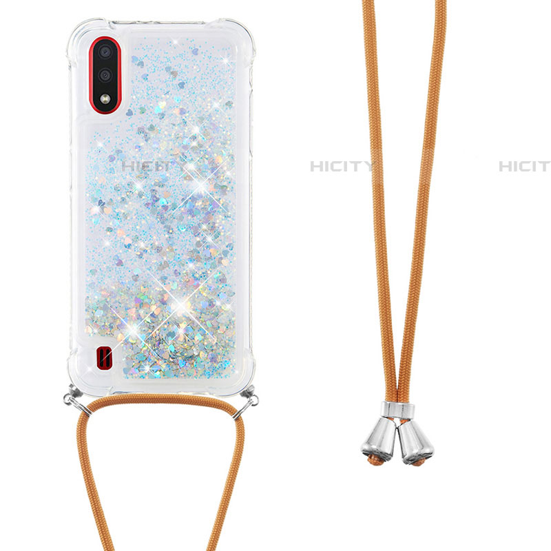 Funda Silicona Carcasa Goma Bling-Bling con Acollador Cordon Lanyard S03 para Samsung Galaxy A01 SM-A015 Plata