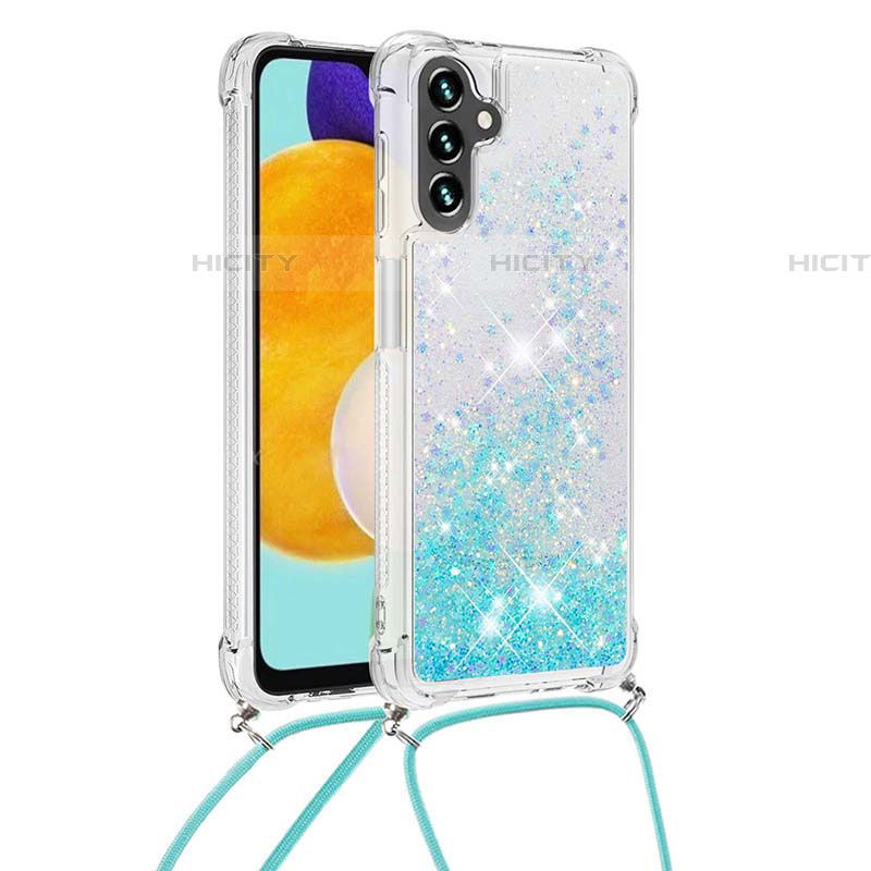 Funda Silicona Carcasa Goma Bling-Bling con Acollador Cordon Lanyard S03 para Samsung Galaxy A04s Azul Cielo