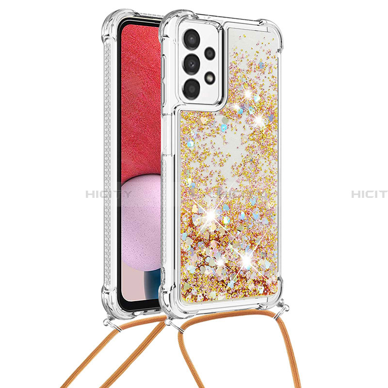 Funda Silicona Carcasa Goma Bling-Bling con Acollador Cordon Lanyard S03 para Samsung Galaxy A13 4G Oro