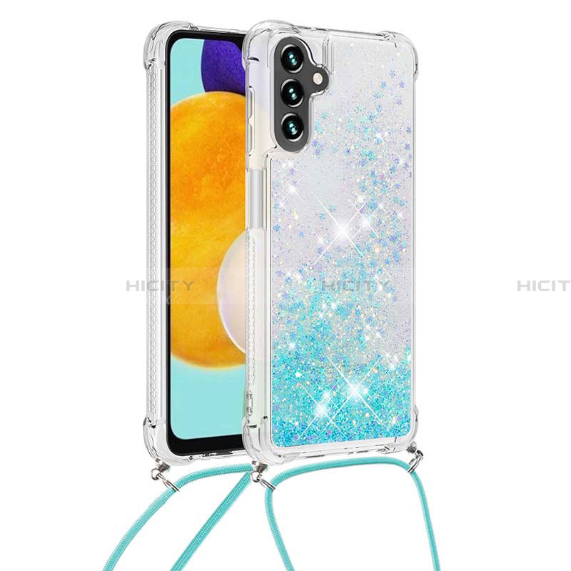 Funda Silicona Carcasa Goma Bling-Bling con Acollador Cordon Lanyard S03 para Samsung Galaxy A13 5G Azul Cielo