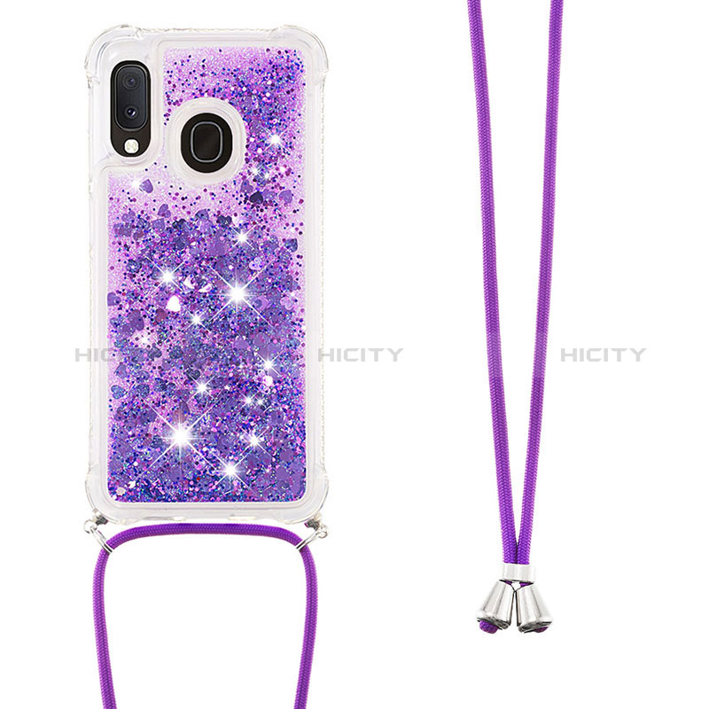 Funda Silicona Carcasa Goma Bling-Bling con Acollador Cordon Lanyard S03 para Samsung Galaxy A20e Morado