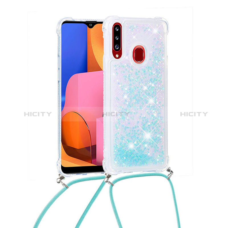 Funda Silicona Carcasa Goma Bling-Bling con Acollador Cordon Lanyard S03 para Samsung Galaxy A20s Azul Cielo