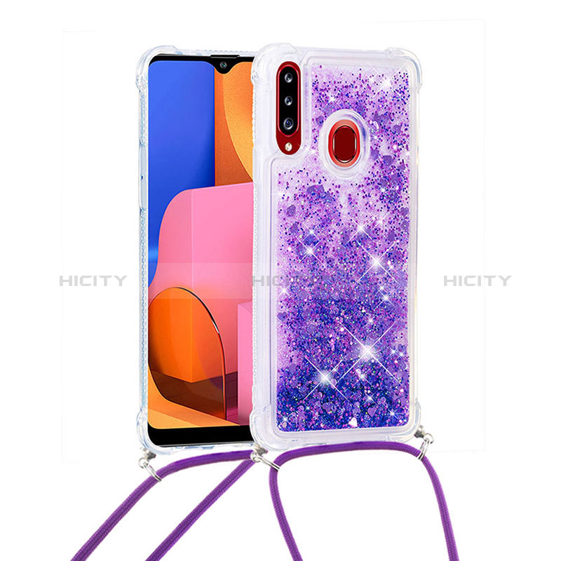 Funda Silicona Carcasa Goma Bling-Bling con Acollador Cordon Lanyard S03 para Samsung Galaxy A20s Morado