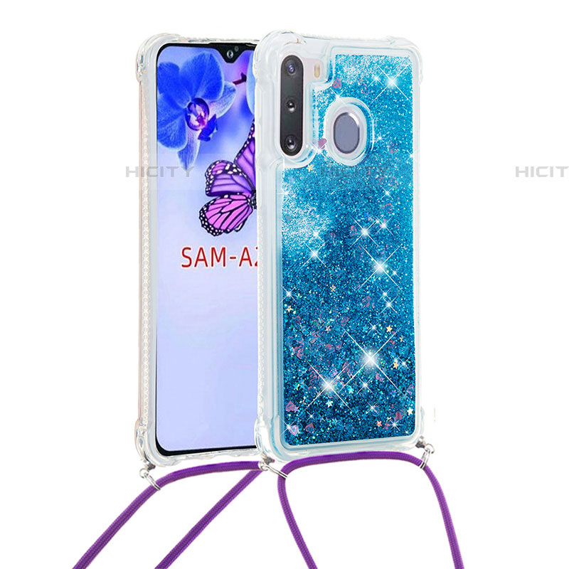 Funda Silicona Carcasa Goma Bling-Bling con Acollador Cordon Lanyard S03 para Samsung Galaxy A21 European Azul