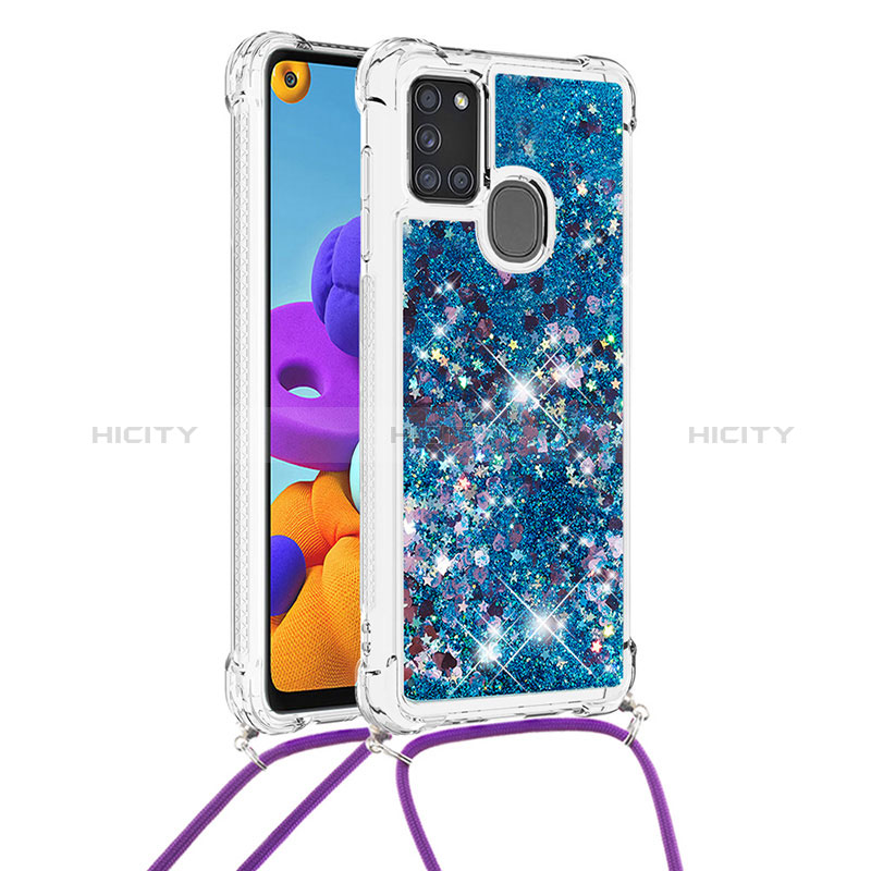 Funda Silicona Carcasa Goma Bling-Bling con Acollador Cordon Lanyard S03 para Samsung Galaxy A21s Azul