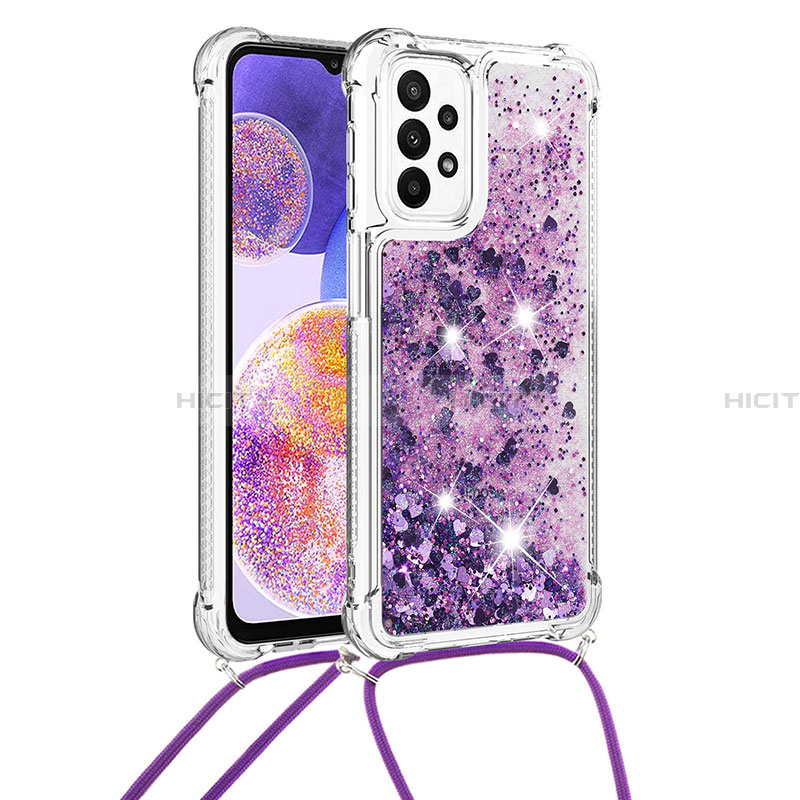 Funda Silicona Carcasa Goma Bling-Bling con Acollador Cordon Lanyard S03 para Samsung Galaxy A23 4G Morado