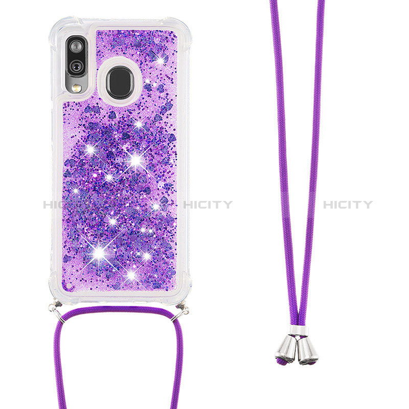 Funda Silicona Carcasa Goma Bling-Bling con Acollador Cordon Lanyard S03 para Samsung Galaxy A40 Morado