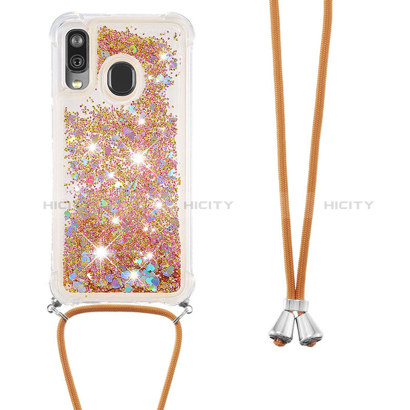 Funda Silicona Carcasa Goma Bling-Bling con Acollador Cordon Lanyard S03 para Samsung Galaxy A40 Oro