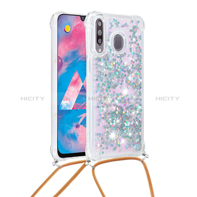 Funda Silicona Carcasa Goma Bling-Bling con Acollador Cordon Lanyard S03 para Samsung Galaxy A40s Plata