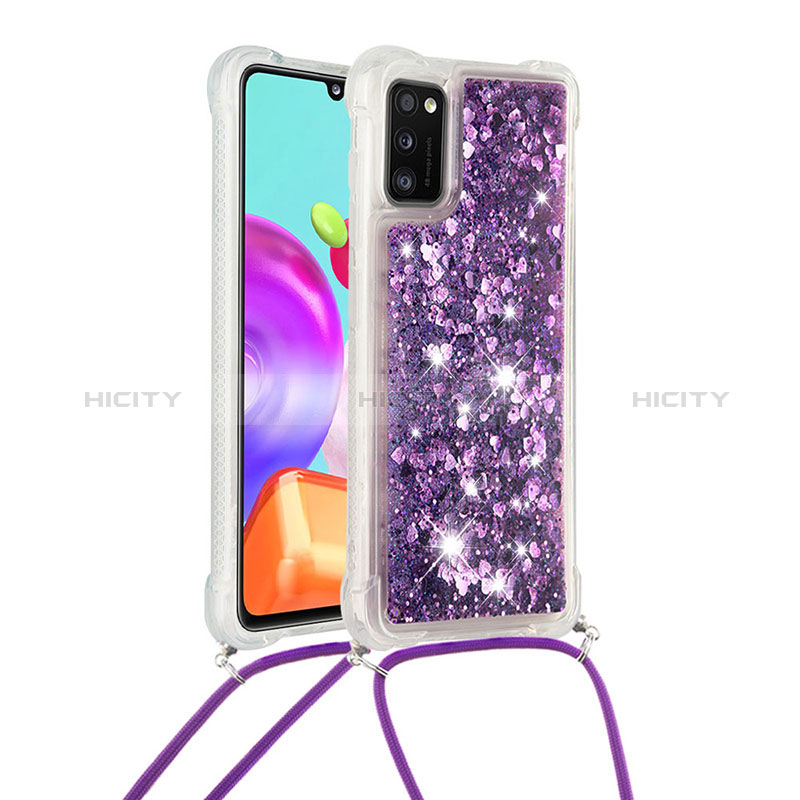 Funda Silicona Carcasa Goma Bling-Bling con Acollador Cordon Lanyard S03 para Samsung Galaxy A41 Morado