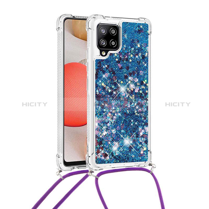 Funda Silicona Carcasa Goma Bling-Bling con Acollador Cordon Lanyard S03 para Samsung Galaxy A42 5G Azul