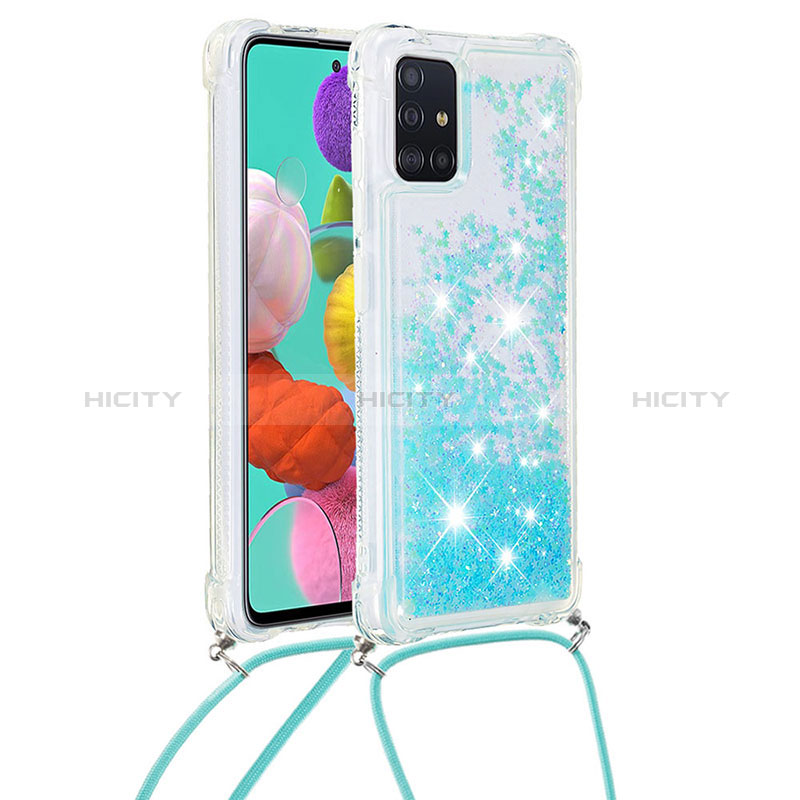 Funda Silicona Carcasa Goma Bling-Bling con Acollador Cordon Lanyard S03 para Samsung Galaxy A51 4G Azul Cielo