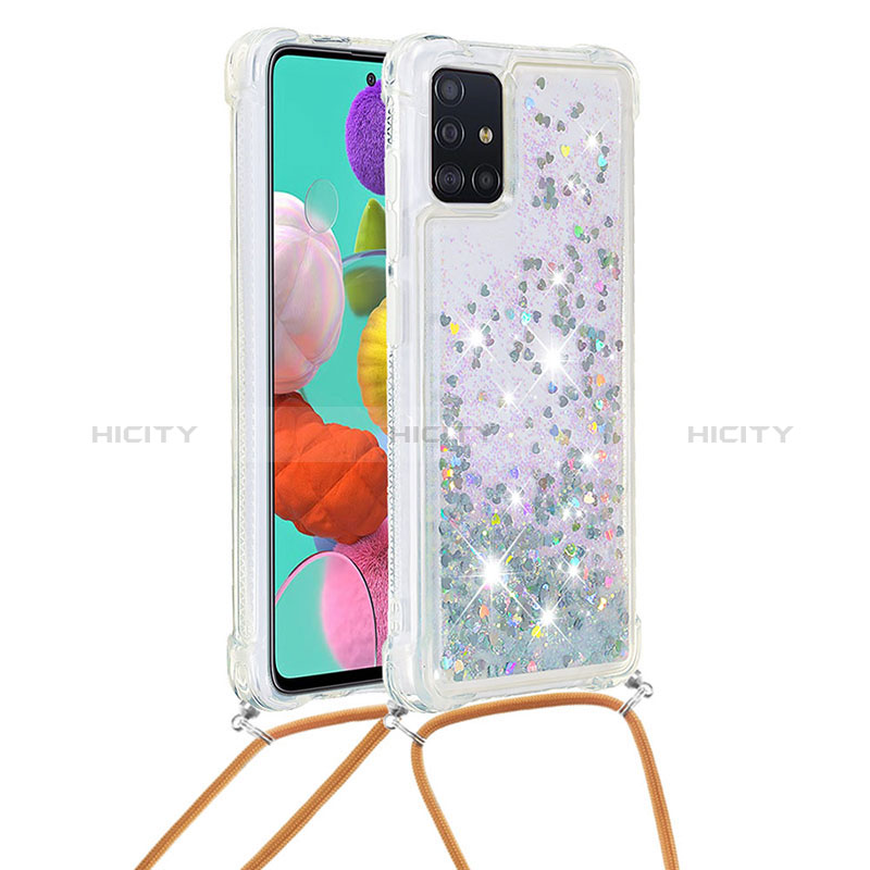 Funda Silicona Carcasa Goma Bling-Bling con Acollador Cordon Lanyard S03 para Samsung Galaxy A51 4G Plata