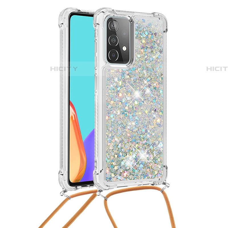 Funda Silicona Carcasa Goma Bling-Bling con Acollador Cordon Lanyard S03 para Samsung Galaxy A52 4G Plata