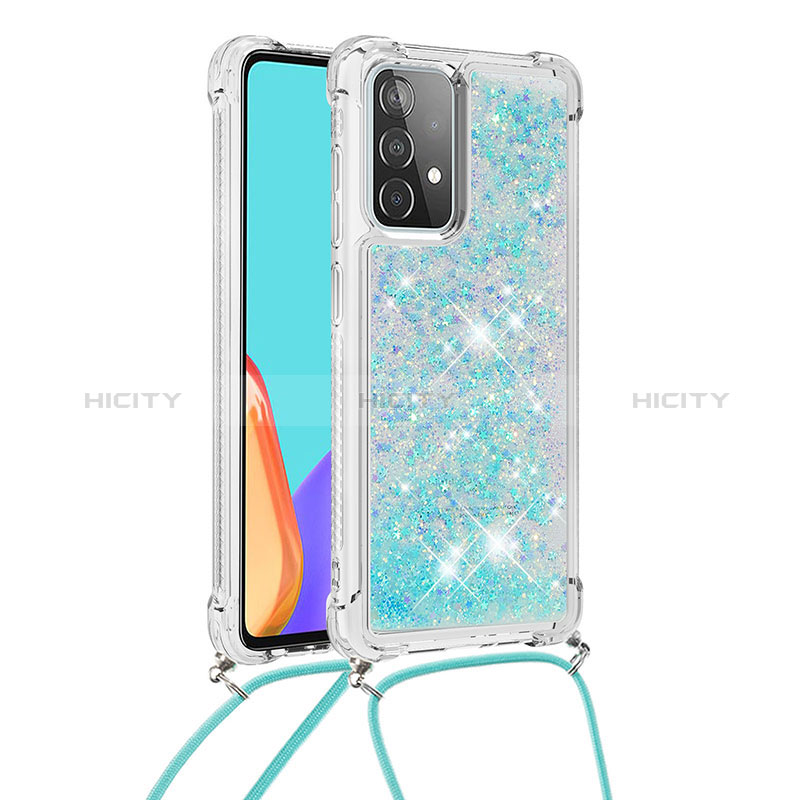 Funda Silicona Carcasa Goma Bling-Bling con Acollador Cordon Lanyard S03 para Samsung Galaxy A52s 5G Azul Cielo