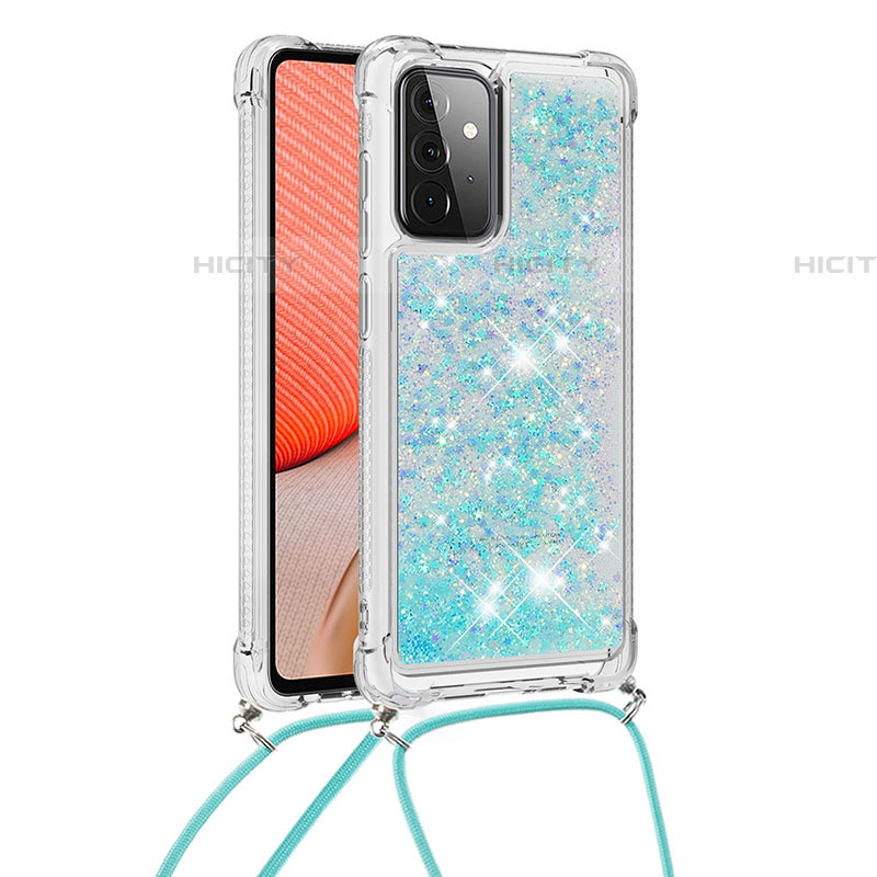 Funda Silicona Carcasa Goma Bling-Bling con Acollador Cordon Lanyard S03 para Samsung Galaxy A72 4G Azul Cielo