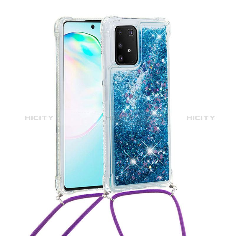 Funda Silicona Carcasa Goma Bling-Bling con Acollador Cordon Lanyard S03 para Samsung Galaxy A91 Azul