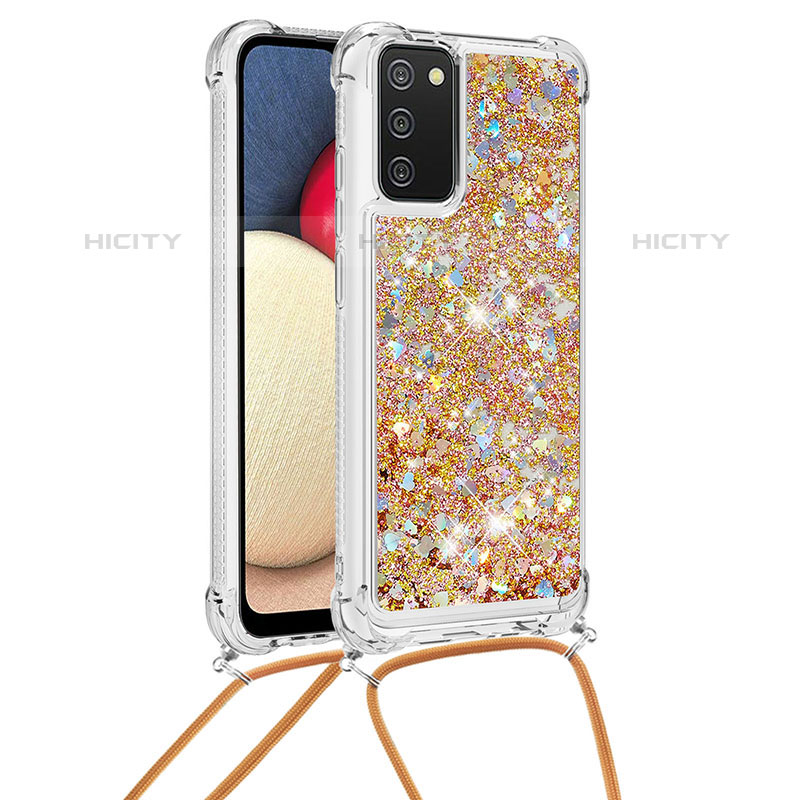 Funda Silicona Carcasa Goma Bling-Bling con Acollador Cordon Lanyard S03 para Samsung Galaxy M02s Oro