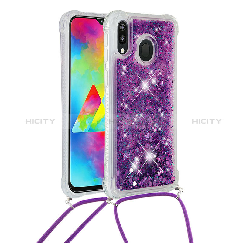 Funda Silicona Carcasa Goma Bling-Bling con Acollador Cordon Lanyard S03 para Samsung Galaxy M20 Morado