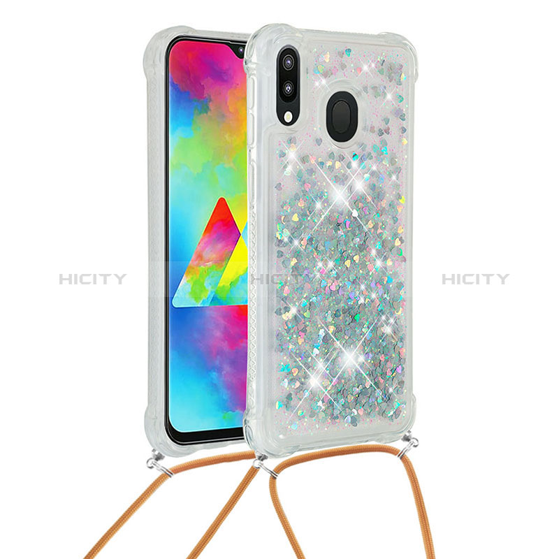 Funda Silicona Carcasa Goma Bling-Bling con Acollador Cordon Lanyard S03 para Samsung Galaxy M20 Plata