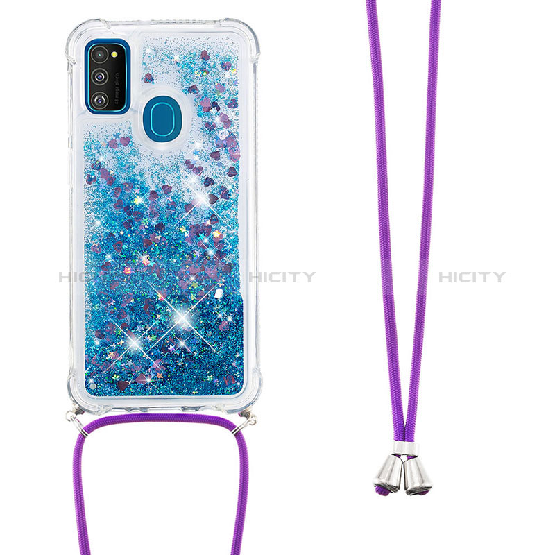 Funda Silicona Carcasa Goma Bling-Bling con Acollador Cordon Lanyard S03 para Samsung Galaxy M21 Azul