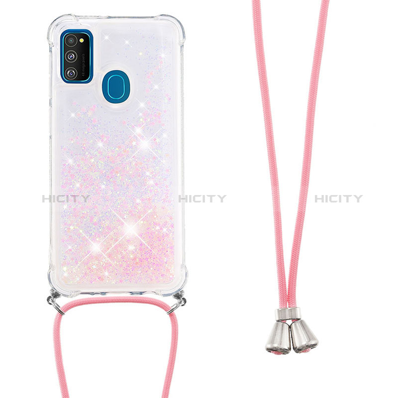 Funda Silicona Carcasa Goma Bling-Bling con Acollador Cordon Lanyard S03 para Samsung Galaxy M21 Rosa