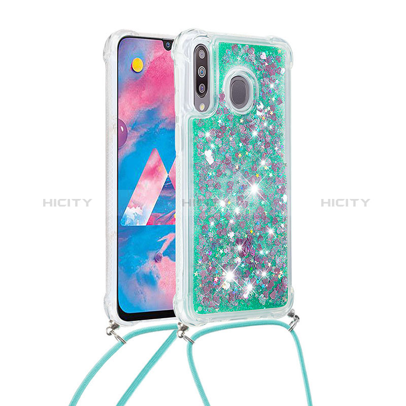 Funda Silicona Carcasa Goma Bling-Bling con Acollador Cordon Lanyard S03 para Samsung Galaxy M30 Verde