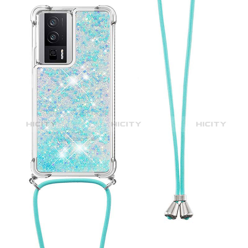 Funda Silicona Carcasa Goma Bling-Bling con Acollador Cordon Lanyard S03 para Xiaomi Poco F5 Pro 5G Azul Cielo