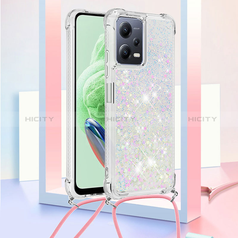 Funda Silicona Carcasa Goma Bling-Bling con Acollador Cordon Lanyard S03 para Xiaomi Redmi Note 12 5G Plata