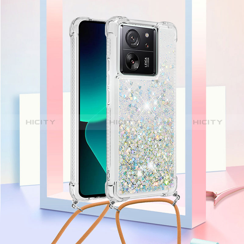 Funda Silicona Carcasa Goma Bling-Bling con Acollador Cordon Lanyard YB2 para Xiaomi Mi 13T Pro 5G Plata