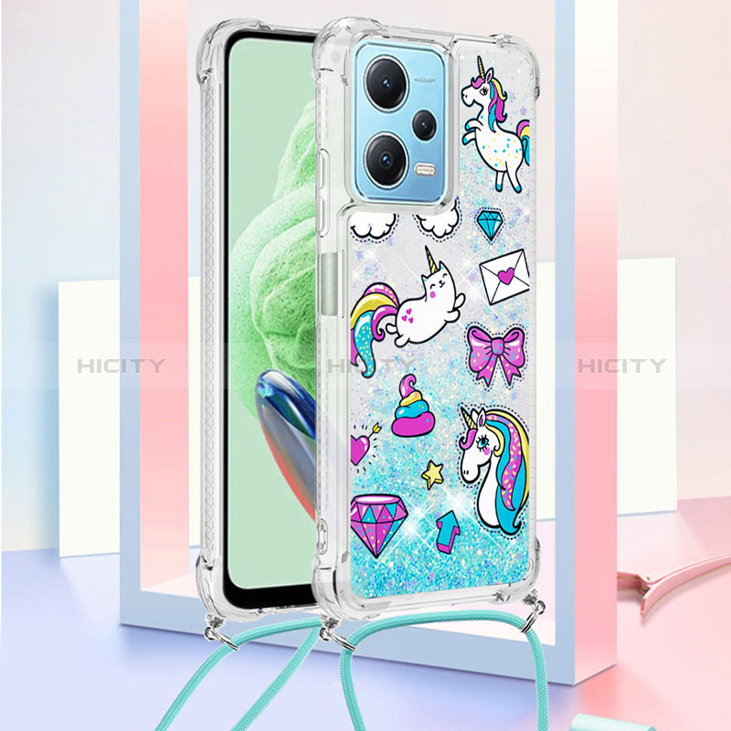 Funda Silicona Carcasa Goma Bling-Bling con Acollador Cordon Lanyard YB2 para Xiaomi Redmi Note 12 5G Azul Cielo