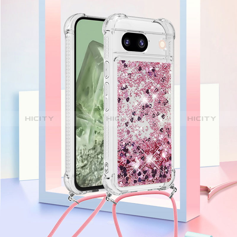 Funda Silicona Carcasa Goma Bling-Bling con Acollador Cordon Lanyard YB3 para Google Pixel 8a 5G Purpura Claro