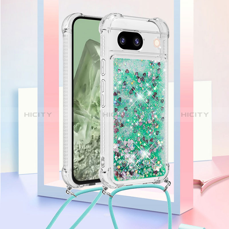 Funda Silicona Carcasa Goma Bling-Bling con Acollador Cordon Lanyard YB3 para Google Pixel 8a 5G Verde