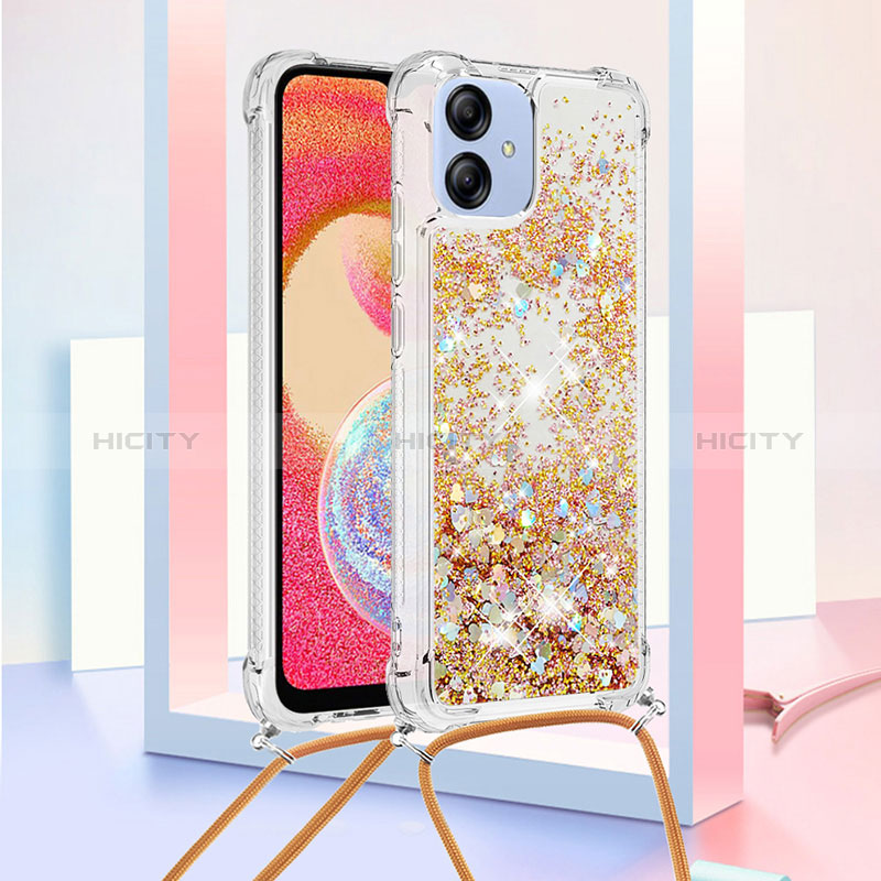 Funda Silicona Carcasa Goma Bling-Bling con Acollador Cordon Lanyard YB3 para Samsung Galaxy F04 Oro