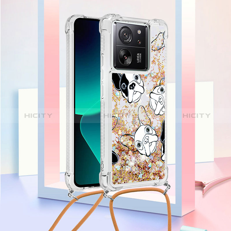 Funda Silicona Carcasa Goma Bling-Bling con Acollador Cordon Lanyard YB3 para Xiaomi Mi 13T Pro 5G Oro