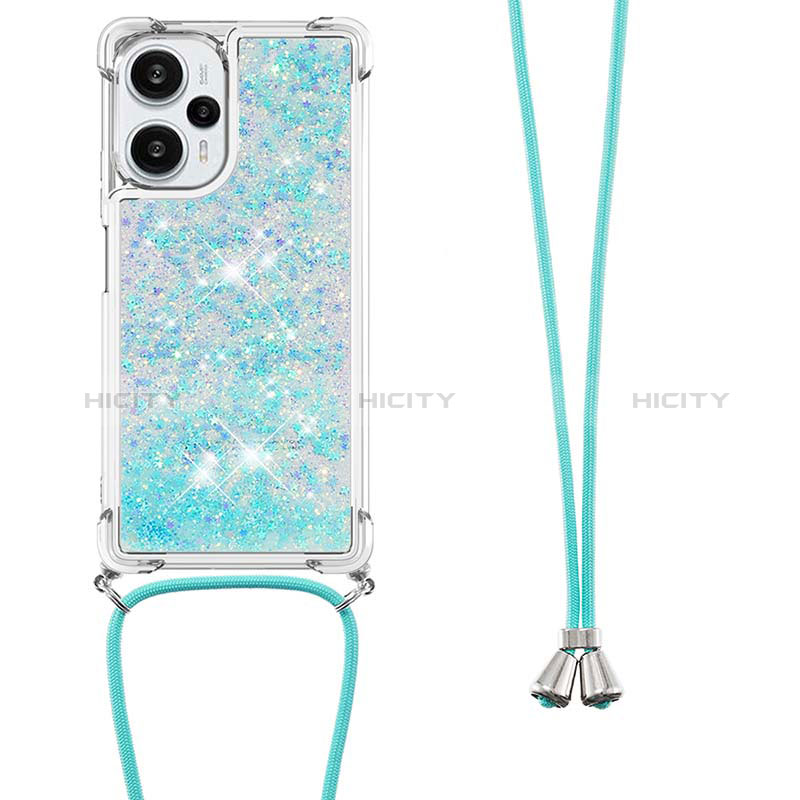 Funda Silicona Carcasa Goma Bling-Bling con Acollador Cordon Lanyard YB3 para Xiaomi Poco F5 5G Azul Cielo