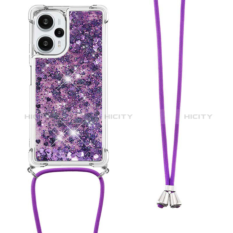 Funda Silicona Carcasa Goma Bling-Bling con Acollador Cordon Lanyard YB3 para Xiaomi Poco F5 5G Morado