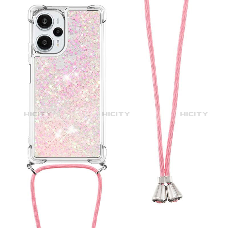 Funda Silicona Carcasa Goma Bling-Bling con Acollador Cordon Lanyard YB3 para Xiaomi Poco F5 5G Oro Rosa