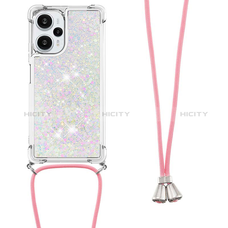 Funda Silicona Carcasa Goma Bling-Bling con Acollador Cordon Lanyard YB3 para Xiaomi Poco F5 5G Plata