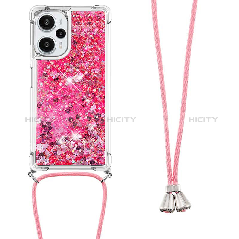 Funda Silicona Carcasa Goma Bling-Bling con Acollador Cordon Lanyard YB3 para Xiaomi Poco F5 5G Rojo