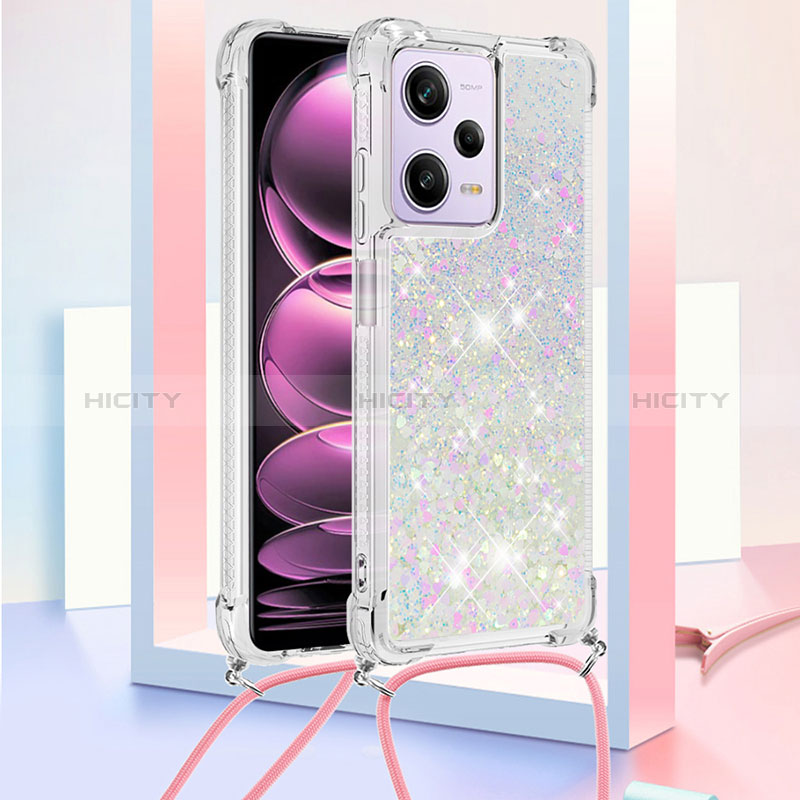 Funda Silicona Carcasa Goma Bling-Bling con Acollador Cordon Lanyard YB3 para Xiaomi Redmi Note 12 Pro 5G Plata