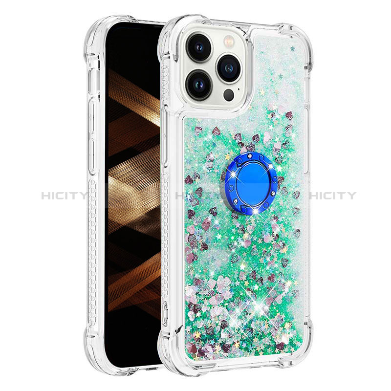 Funda Silicona Carcasa Goma Bling-Bling con Anillo de dedo Soporte S01 para Apple iPhone 13 Pro Max Verde